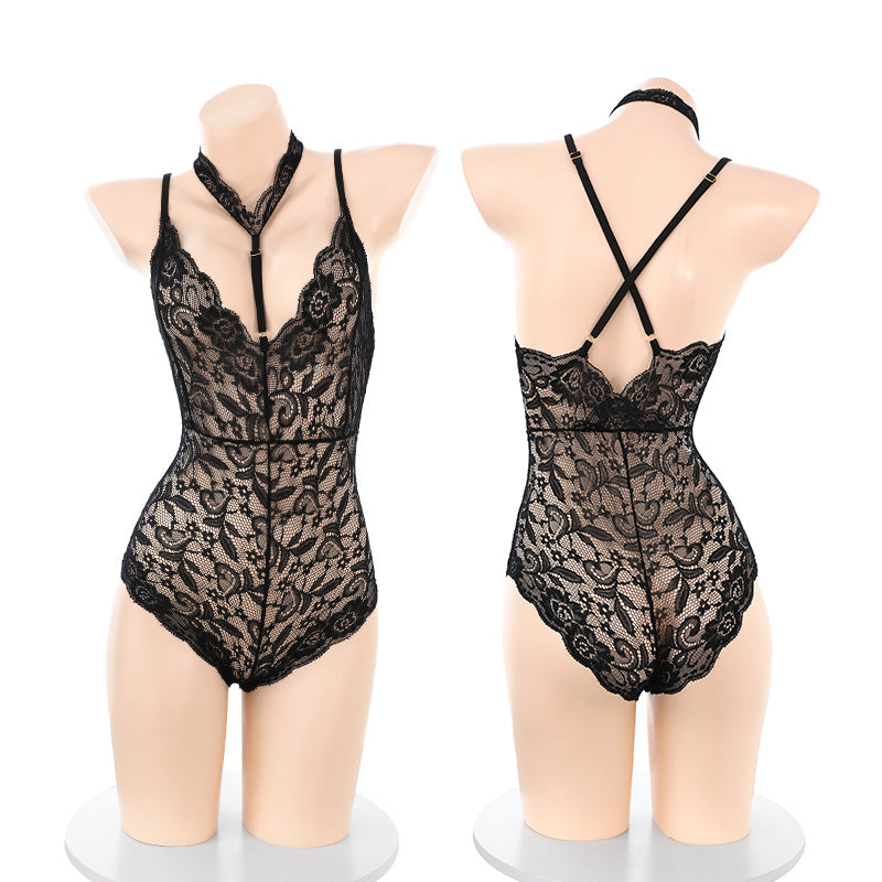 Midnight Lace Temptation Bodysuit – product flatlay or mannequin photo – Velalace