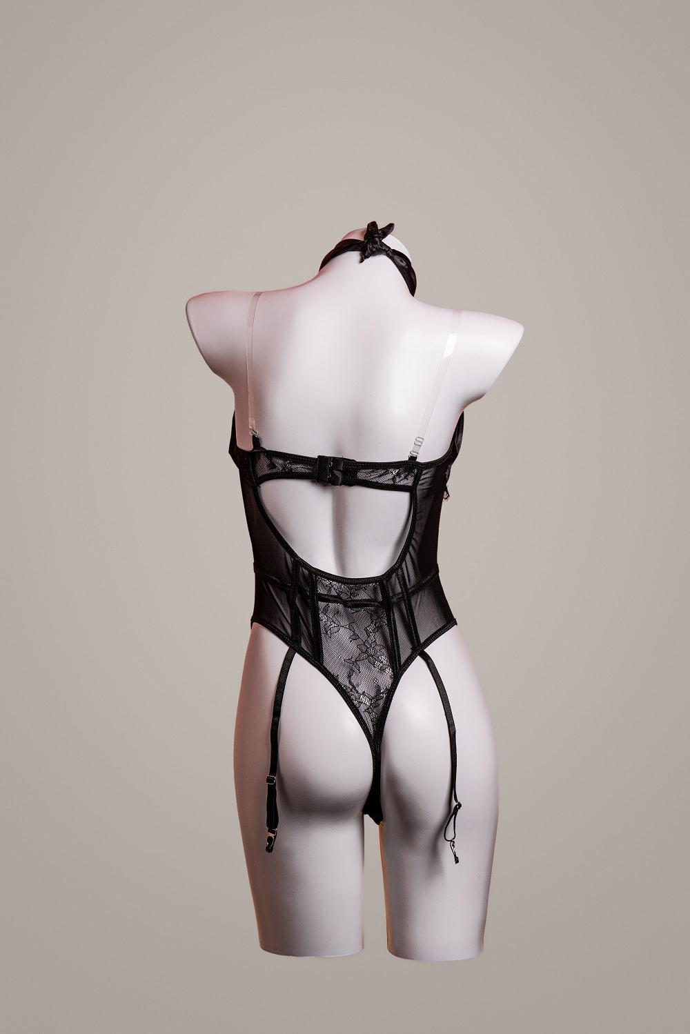 Midnight Temptation Lace Corset Bodysuit – rear view showing straps, cutouts or lace details – Velalace