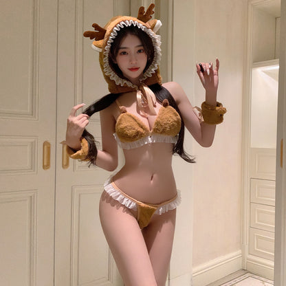 Model wearing elk in seductive or playful scene – Velalace