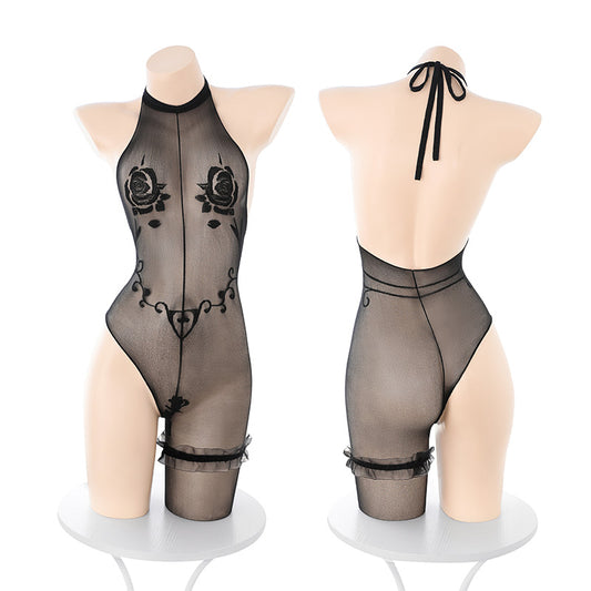 Sheer mesh bodysuit with cat ear design and halter straps – Velalace