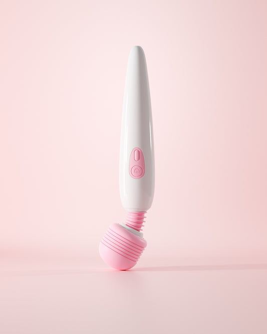 Pink and white wand vibrating stick with rounded massage head – Velalace