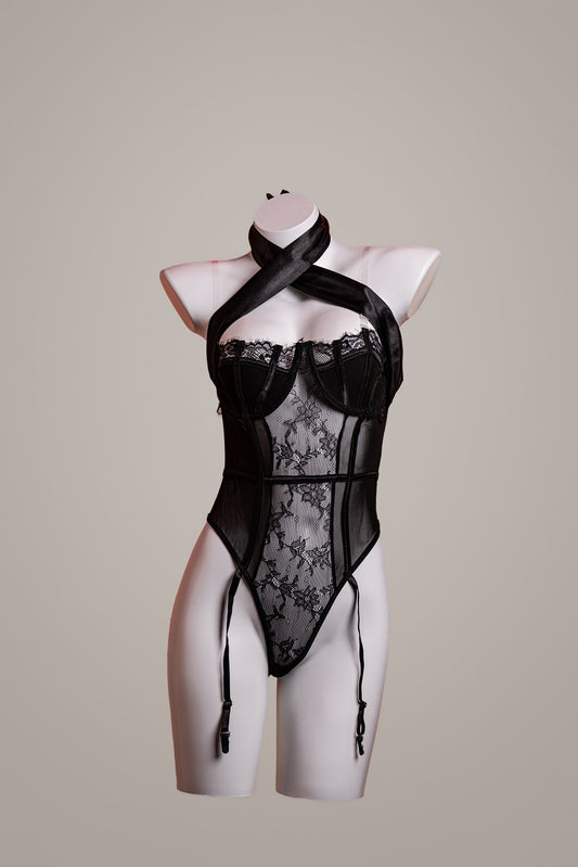 Midnight Temptation Lace Corset Bodysuit – product flatlay or mannequin photo – Velalace