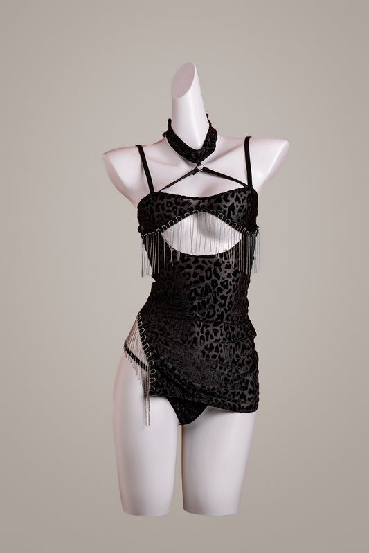 Wild Leopard Seductive Fringe Slip Dress – product flatlay or mannequin photo – Velalace