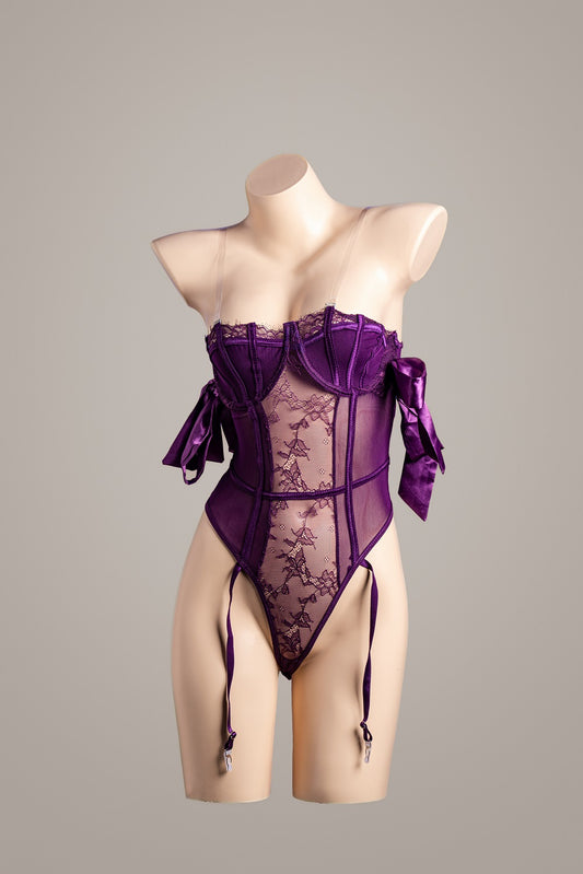 Mystic Amethyst Lace Corset Bodysuit – product flatlay or mannequin photo – Velalace