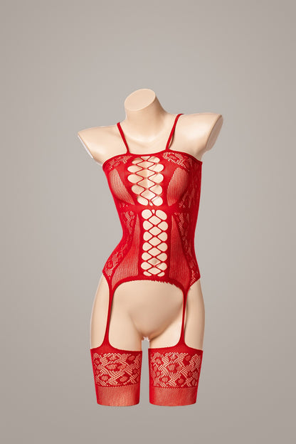 Crisscross Cutout Lace Bodystocking Lingerie – product flatlay or mannequin photo – Velalace