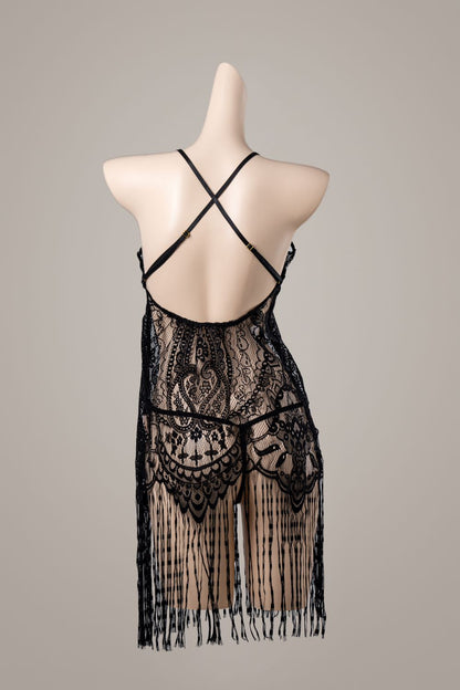 Tassel nightdress – back view showing straps, cutouts, or lace panels – Velalace