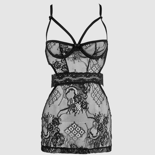 Black lace chemise with floral details and sheer skirt – Velalace