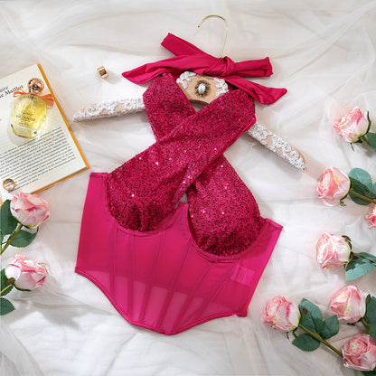 Hot Pink Sequin Crisscross Corset Top